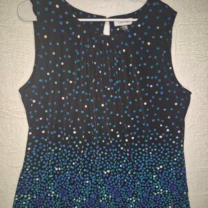 CALVIN KLEIN Women’s 1X Sleeveless Pleated Neckline Polka Dot Top Preppy
